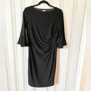 Anne Klein Sz 10, Black Jersey Dress Ruched slightly flared 3/4 sleeves LBD